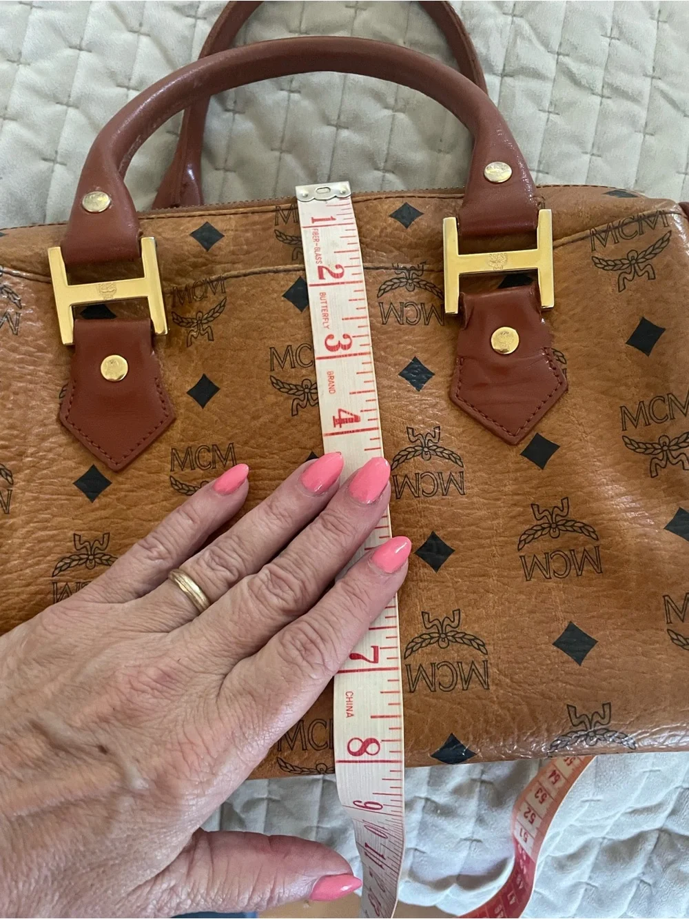 MCM Cognac Visetos Monogram Satchel with Brown Leather Handles